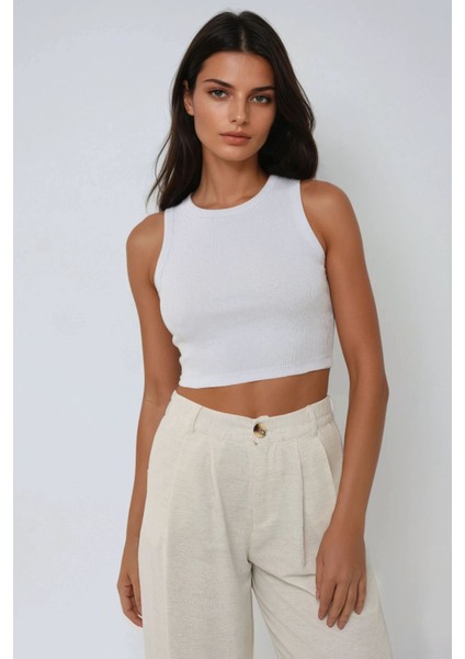 Kadın Halter Yaka Fitilli Kısa Örme Askılı Üst White