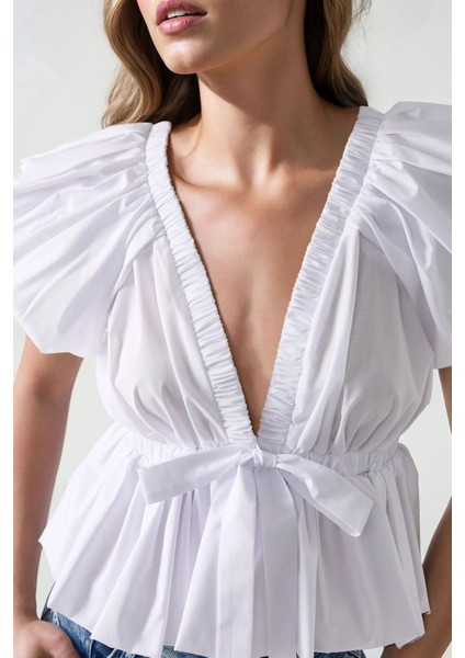 Kadın Fiyonk Detaylı Pamuklu Balon Kol Bluz White fiyatları