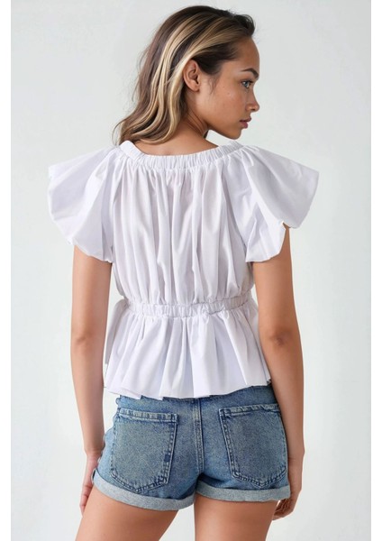 Kadın Fiyonk Detaylı Pamuklu Balon Kol Bluz White fırsatları