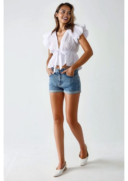 Kadın Fiyonk Detaylı Pamuklu Balon Kol Bluz White indirimleri