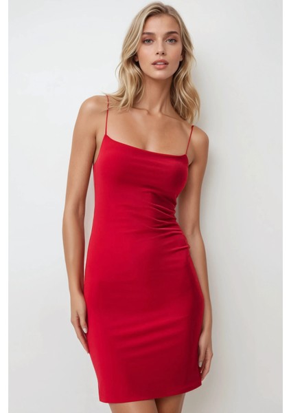 Kadın Kare Yaka Bodycon Sandy Mini Elbise Kırmızı