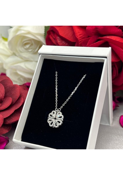 Açılabilir Kalpli Yonca Kadın Kolyesi 925 Ayar Gümüş Rodyumlu Zirkon Taşlı