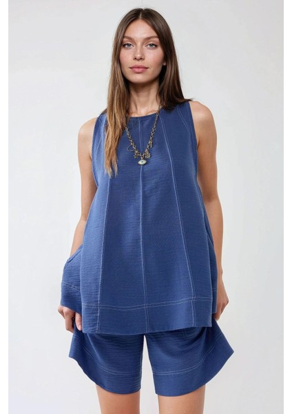 Kadın Dikiş Detaylı Denim Görünümlü Rahat Kesim İkili Takım Orta Mavi Denim