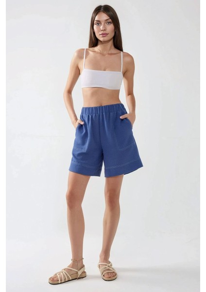 Kadın Dikiş Detaylı Denim Görünümlü Rahat Kesim İkili Takım Orta Mavi Denim modelleri