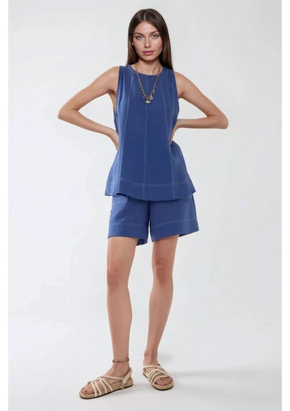 Kadın Dikiş Detaylı Denim Görünümlü Rahat Kesim İkili Takım Orta Mavi Denim