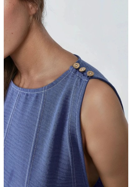 Kadın Dikiş Detaylı Denim Görünümlü Rahat Kesim İkili Takım Orta Mavi Denim