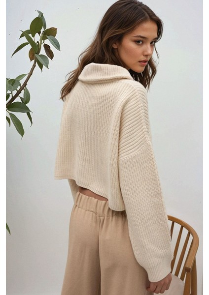 Kadın Kalın Örme Kısa Kazak Fildişi Doğal modelleri