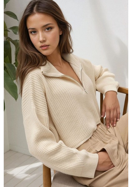 Kadın Kalın Örme Kısa Kazak Fildişi Doğal indirimleri
