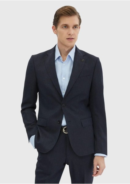 Lacivert Desenli Zeroweight Slim Fit %100 Yün Takım Elbise