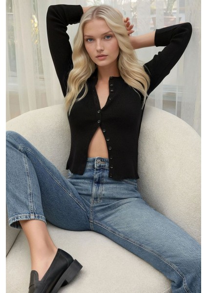 Kadın Uzun Kollu Düğmeli Hırka Black indirimleri