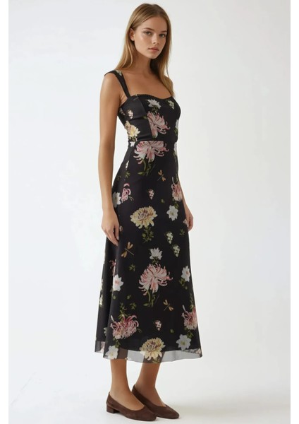 Kadın Kalp Yaka Desenli Maxi Elbise Siyah fiyatları