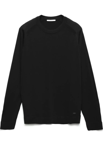 Siyah Bisiklet Yaka Jakarlı Triko Kazak