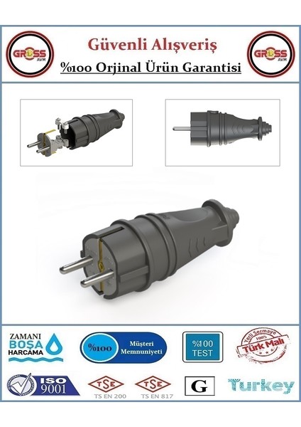 Kauçuk Monofaze 1X16 Amper - 220 Volt Topraklı Erkek Fiş