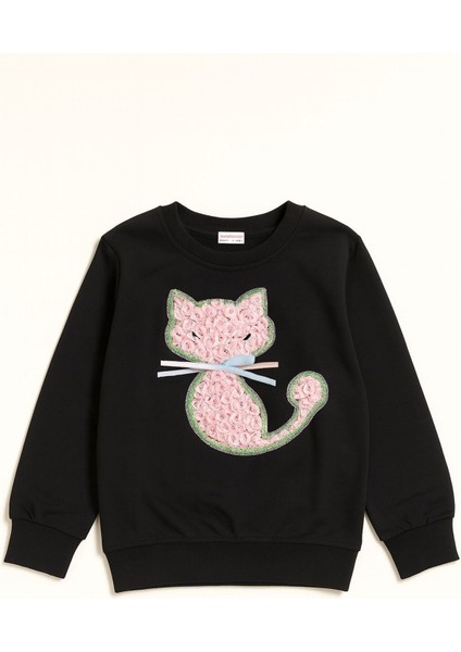 Kedicik Detaylı Kız Çocuk sweatshirt - Siyah