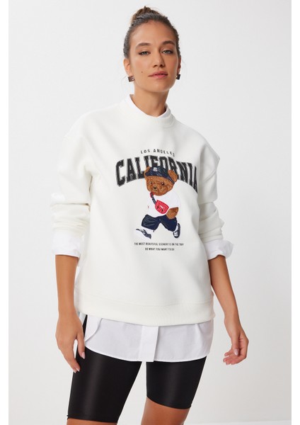 Ayıcık Armalı Baskılı Oversize Örme Sweatshirt LMC0074 Ekru fiyatları