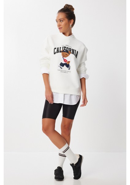 Ayıcık Armalı Baskılı Oversize Örme Sweatshirt LMC0074 Ekru fırsatları
