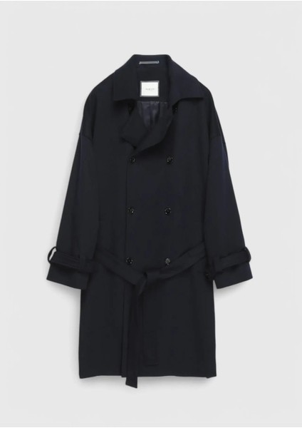 Lacivert Oversize Fit Casual Dokuma Palto