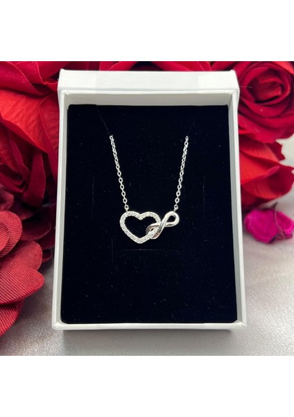 Kalp ve Sonsuzluk Aşkı Kadın Kolyesi 925 Ayar Gümüş Rodyumlu Zirkon Taşlı