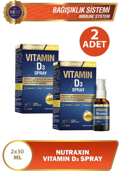 Asfstore Nutraxin Vitamin D3 Sprey 1000 Iu 30 ml 2 Adet