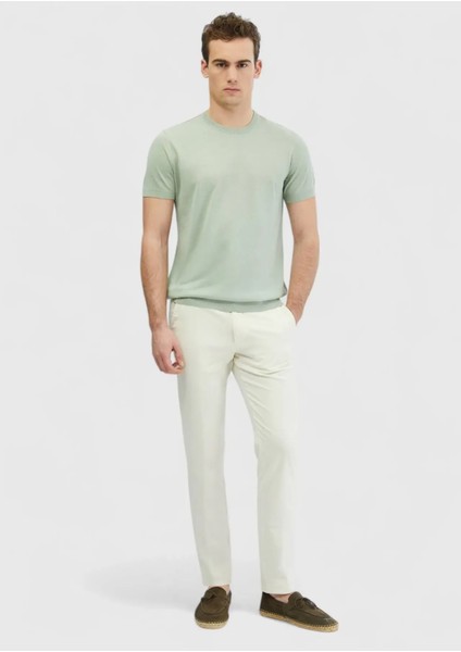 Açık Yeşil Bisiklet Yaka Düz Örgü Keten Karışımlı Triko fiyatları