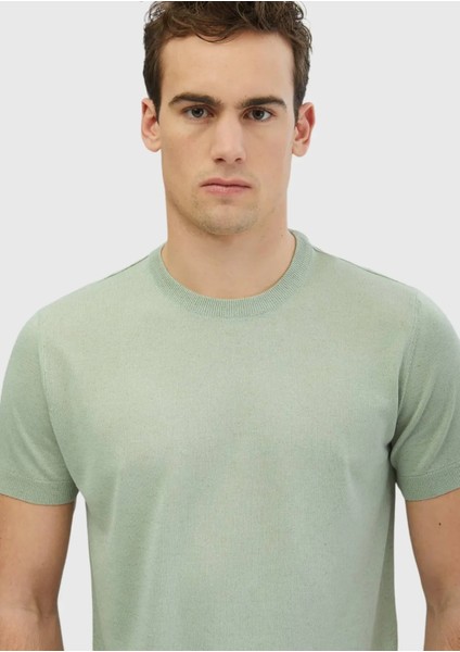 Açık Yeşil Bisiklet Yaka Düz Örgü Keten Karışımlı Triko modelleri
