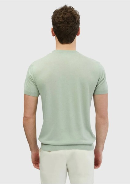 Açık Yeşil Bisiklet Yaka Düz Örgü Keten Karışımlı Triko indirimleri