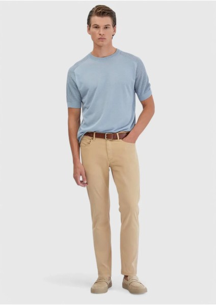 Açık Mavi Bisiklet Yaka Jakarlı Keten Karışımlı Triko fiyatları