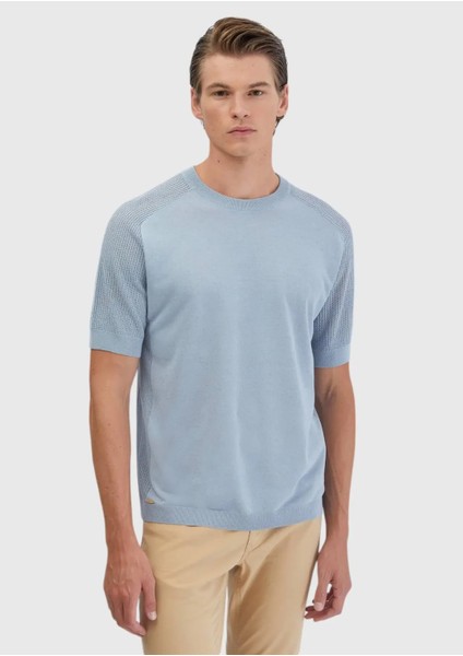 Açık Mavi Bisiklet Yaka Jakarlı Keten Karışımlı Triko modelleri