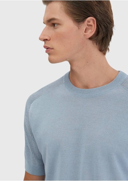 Açık Mavi Bisiklet Yaka Jakarlı Keten Karışımlı Triko fırsatları