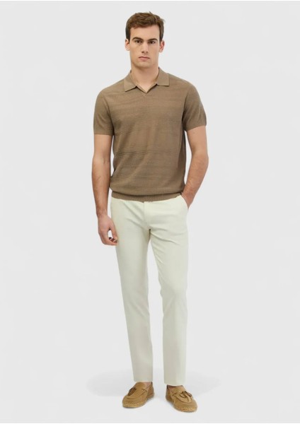 Vizon Polo Yaka Jakarlı Keten Karışımlı Triko