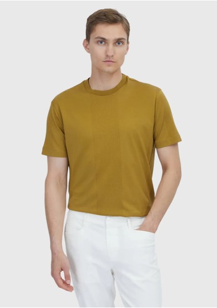 Yağ Yeşili Jakarlı Bisiklet Yaka %100 Pamuk T-Shirt
