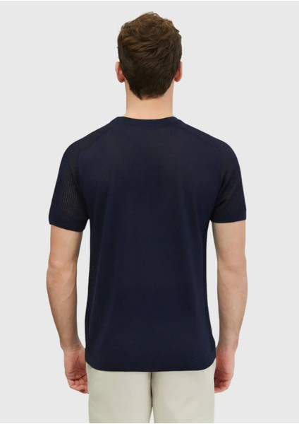 Lacivert Bisiklet Yaka Jakarlı Keten Karışımlı Triko fiyatları