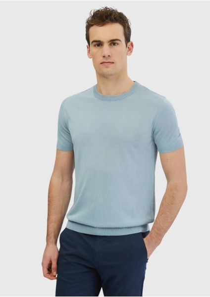 Açık Mavi Bisiklet Yaka Düz Örgü Keten Karışımlı Triko