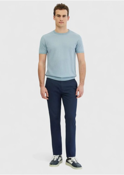 Açık Mavi Bisiklet Yaka Düz Örgü Keten Karışımlı Triko fiyatları