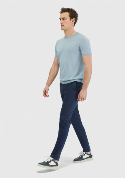 Açık Mavi Bisiklet Yaka Düz Örgü Keten Karışımlı Triko modelleri