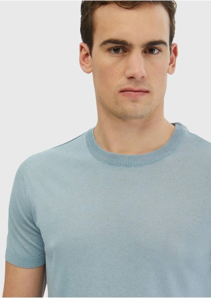 Açık Mavi Bisiklet Yaka Düz Örgü Keten Karışımlı Triko fırsatları