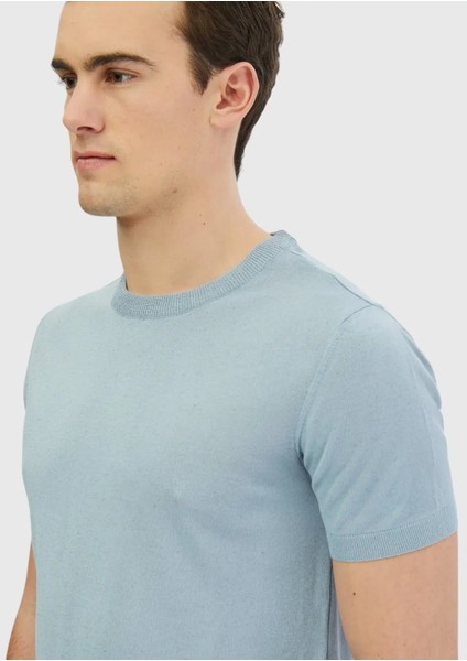Açık Mavi Bisiklet Yaka Düz Örgü Keten Karışımlı Triko indirimleri