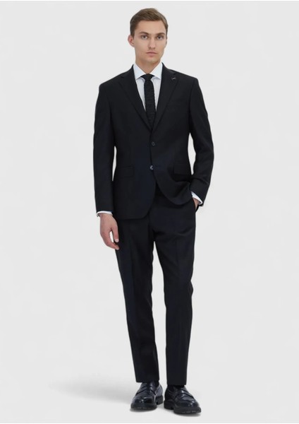 Siyah Düz Modern Fit Yün Karışımlı Takım Elbise fiyatları