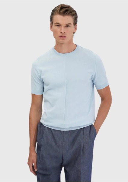 Açık Mavi Bisiklet Yaka Jakarlı Triko