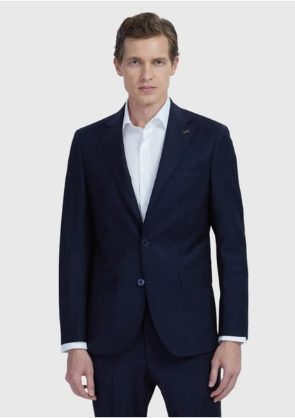 Lacivert Düz Modern Fit Yün Karışımlı Takım Elbise