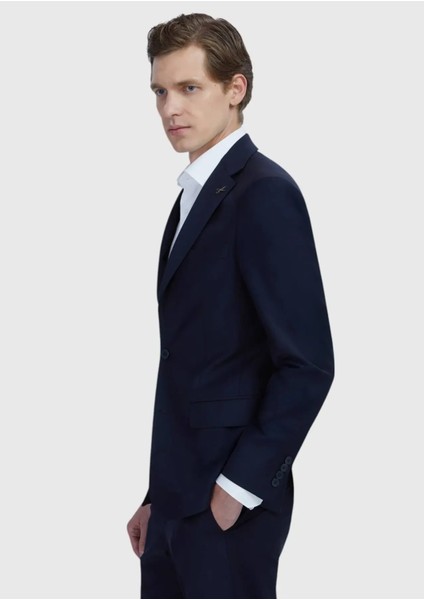 Lacivert Düz Modern Fit Yün Karışımlı Takım Elbise modelleri