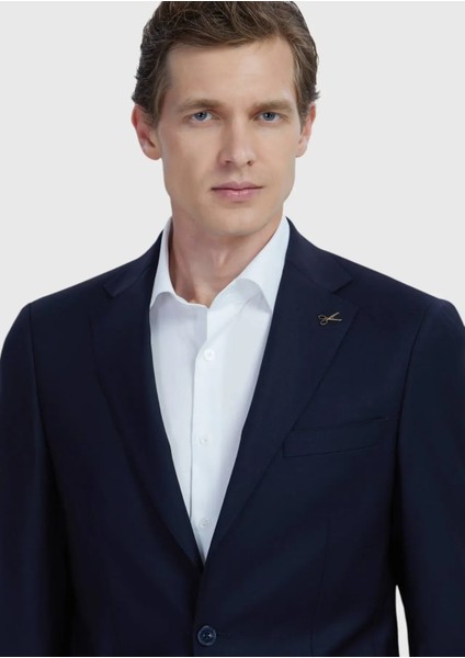 Lacivert Düz Modern Fit Yün Karışımlı Takım Elbise fırsatları