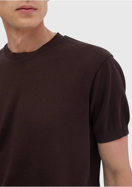 Kahverengi Jakarlı Bisiklet Yaka %100 Pamuk T-Shirt fırsatları