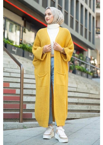 Yarasa Kol Uzun Triko Hırka Hardal