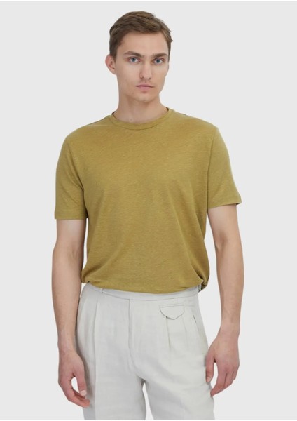 Yağ Yeşili Düz Bisiklet Yaka %100 Keten T-Shirt