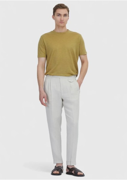 Yağ Yeşili Düz Bisiklet Yaka %100 Keten T-Shirt fiyatları