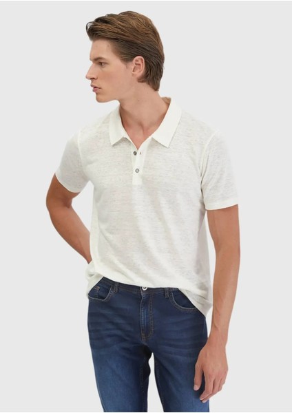 Ekru Düz Polo Yaka %100 Keten T-Shirt modelleri
