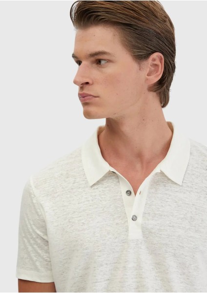 Ekru Düz Polo Yaka %100 Keten T-Shirt fırsatları