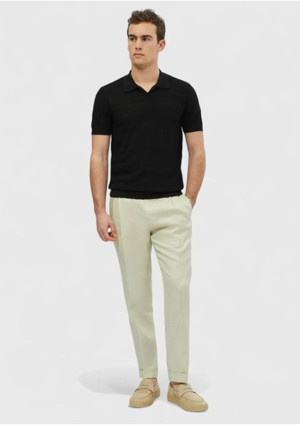 Siyah Polo Yaka Jakarlı Keten Karışımlı Triko fiyatları