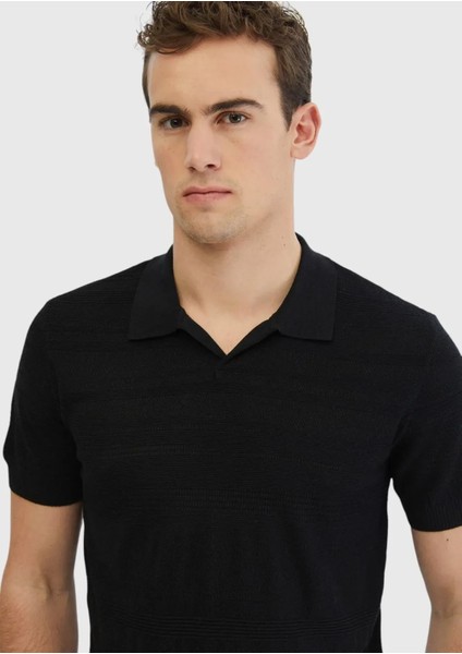 Siyah Polo Yaka Jakarlı Keten Karışımlı Triko modelleri